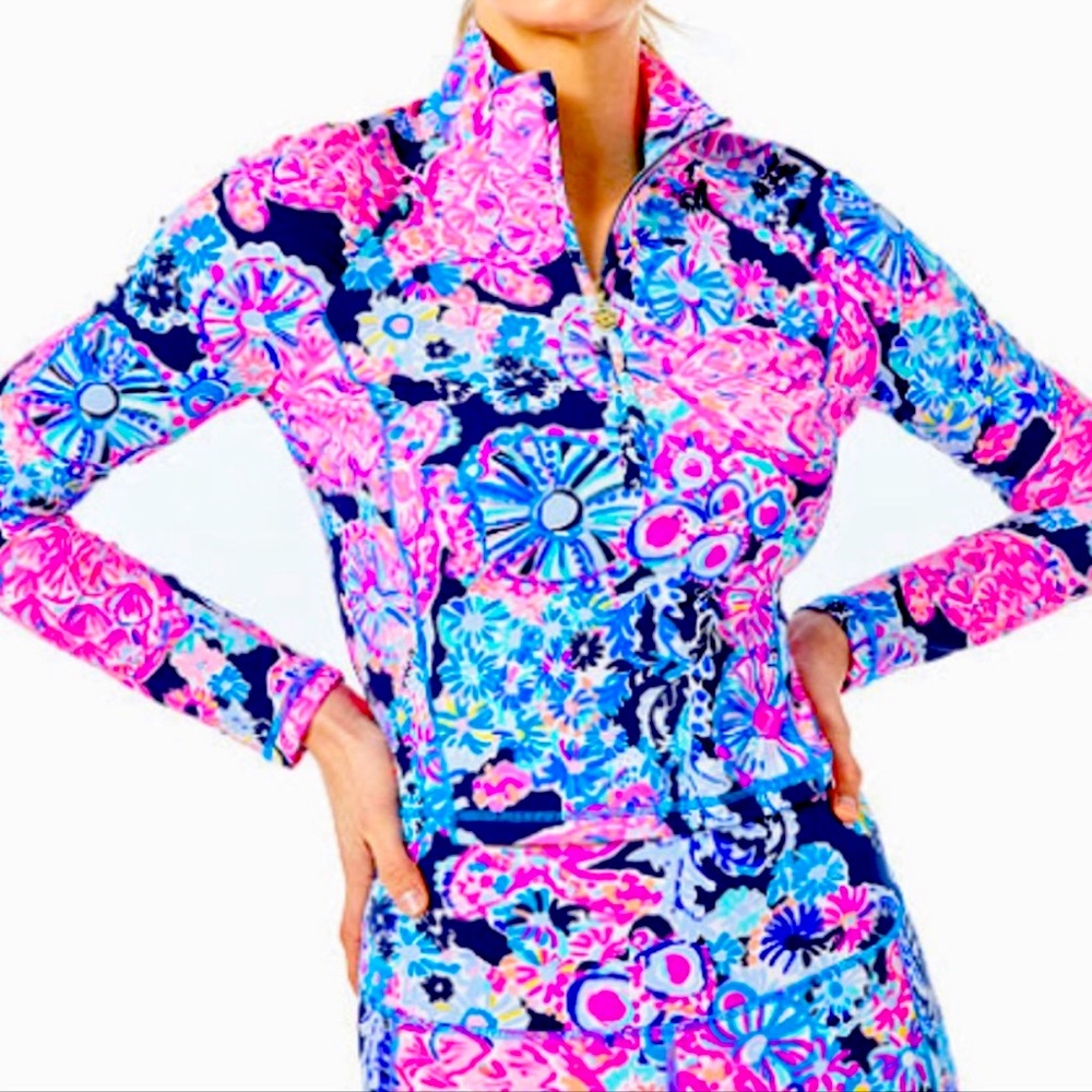 Lilly Pulitzer Luxletic Justine Half-Zip Cropped Sunguard Top High Tide
